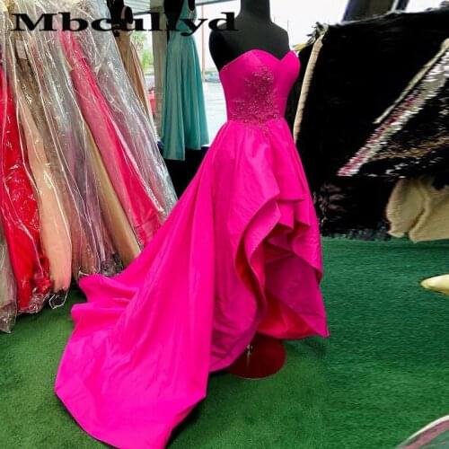 Mbcullyd Fuchsia Satin Prom Dresses Long 2020 Sexy High Low Style Evening Party Gowns Applique Lace vestidos de fiesta de noche