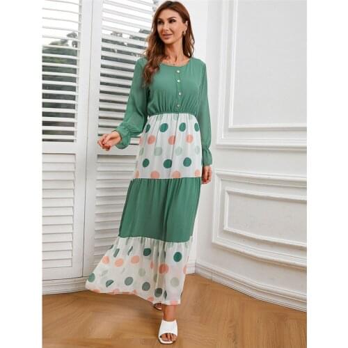 Dubai Fashion Muslim Women Chiffon Long Sleeve Long Dress Islamic Clothing Ramadan Arab Abaya Kaftan Polka Dot Patchwork Robe