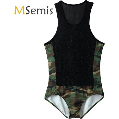 Mens Lingerie Shiny See-through Bodysuit Camouflage Print Patchwork Fitness Sleeveless Leotard Clubwear for Stage Show Party