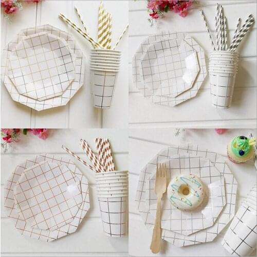 49PCS/Set Lattice Disposable Tableware Set Nordic Style Gold Silver Birthday Party Wedding Carnival Paper Tableware Xmas 2021