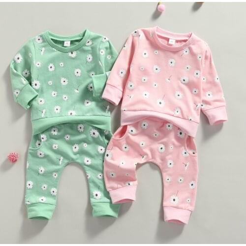 New Cute Autumn Baby Girls Pullover+Pants Clothing Set Daisy Flower Pattern Pocket Elastic Waist Toddler Infant Outfits