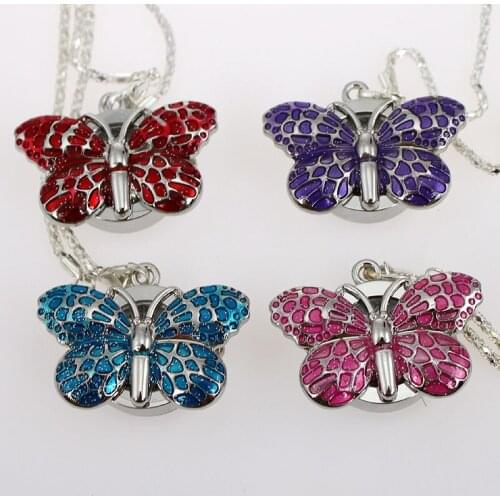 Wholesale Price Bulk 10pcs / Lot Cute Butterfly Girl Ladies Necklace Pendant Pocket Watch Chain Battery Included Gift GL36T