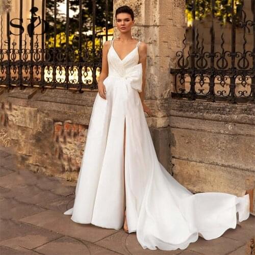 SoDigne Satin Wedding Dresses A-Line Bow Bridal Gowns Princess Custom Made High Split Wedding Gown vestido de noiva 2021