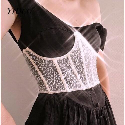 YiDuo Sexy Backless Lace Up Underbust Corset Belt Fashion Luxury Harness Sequin Mesh Corset Club Party Waist Belts Cummerbunds