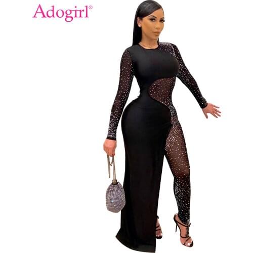 Adogirl Sexy Diamonds Sheer Mesh Patchwork Jumpsuit O Neck Long Sleeve Skinny Split Dress One Piece Overall Night Club Romper