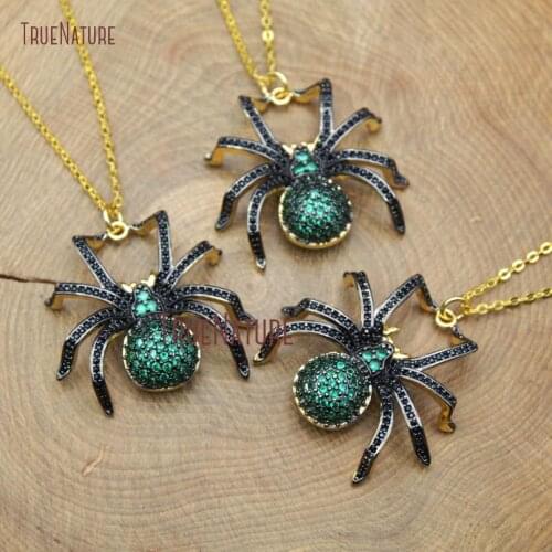 Top Grade Gold Copper Necklace Micro Pave Green Zircon Beads Pure Gold Color Spider Pendant Necklace In 18 Inch NM10375
