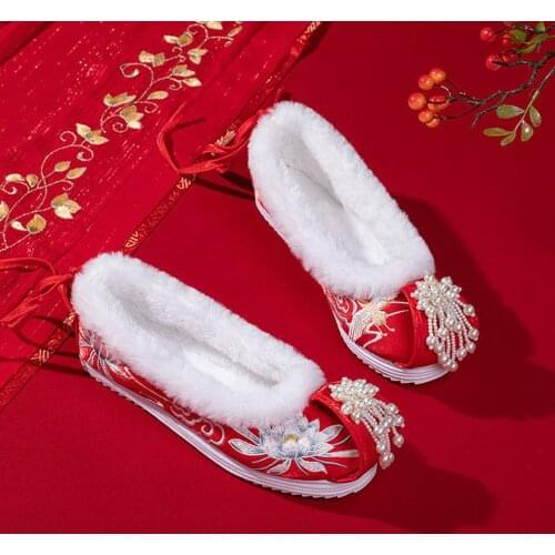Womens Embroidery Floral Pearls Tassels Ankle Boots Hanfu Fur Liner Flats Warm Snow Winter Shoes Red Wedding Cosplay New 2021