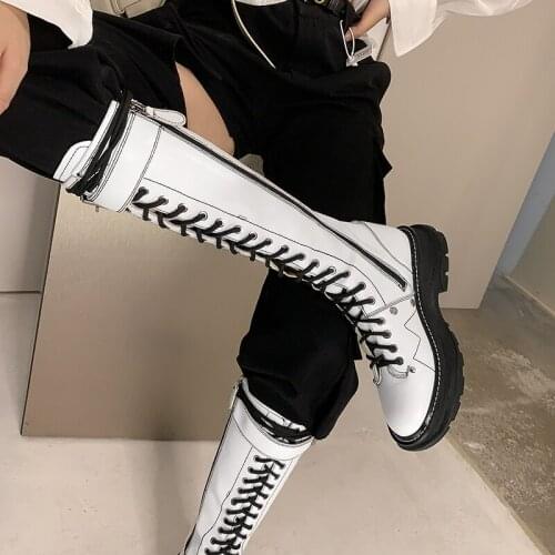 Fashion Platform Lacing Knee High Boots Women Square High Heel Motorcycle boots Woman Pu Leather Shoes Autumn Winter Ladies Shoe
