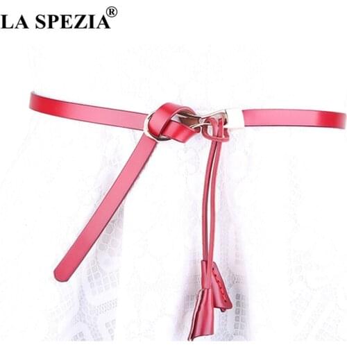 LA SPEZIA Real Leather Belt Women Thin Red Knot Belt For Dress Ladies Genuine Leather Cowhide Female Fashion Wrap Elegant Belt