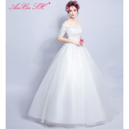 AXJFU Slim sweet lace boat neck wedding dress vintage word shoulder Princess Bride Flower white lace wedding dress new 1130