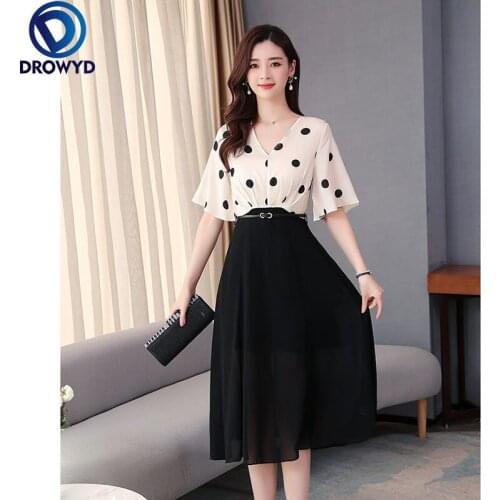 2021 Vintage Black Dot Print Chiffon Midi Dress Spring Summer Plus Size Print Runway Dress Elegant Women Bodycon Party Vestidos