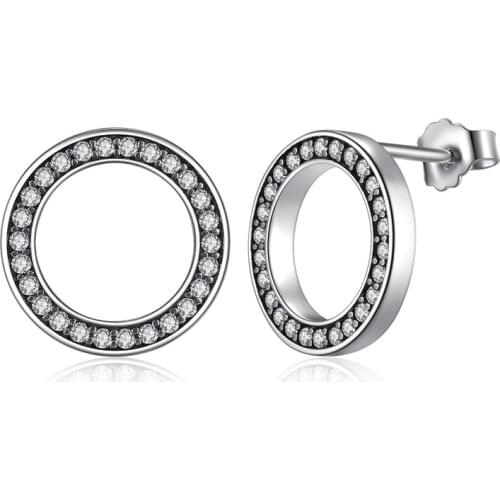 BAMOER Forever Clear CZ 925 Sterling Silver Circle Round Stud Earrings with CZ Jewelry GIFT Oorbellen Bijoux PAS437