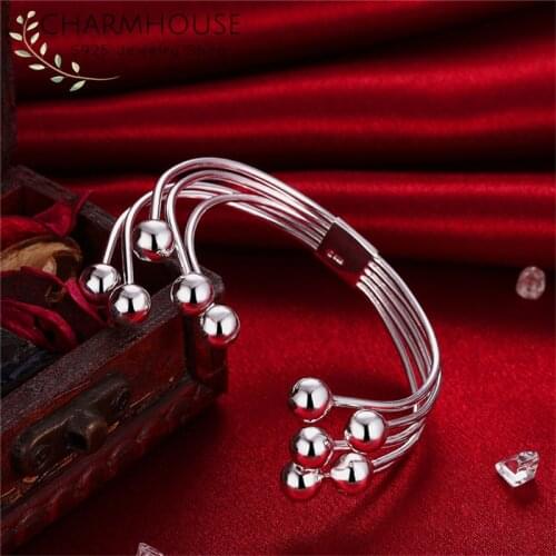 Charmhouse Pure Silver Bangles For Women Multi Beads Cuff Bangle & Bracelet Wristband Pulseira Femme Wedding Bridal Jewelry