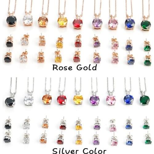 CZ Stone 1.6mm Cable Chain Pendant Necklace & Stud For Women Rose Gold/Silver Color Stainless Steel