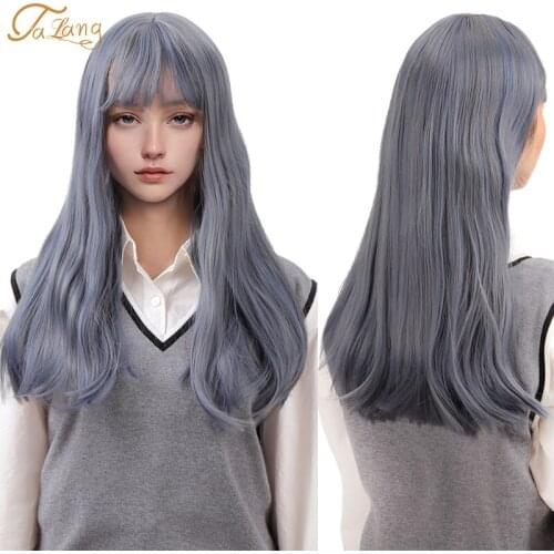 TALANG Long Straight Gray blue Ombre Synthetic Hair Wigs with Bangs for Black Orange Women Lady Cosplay Party Lolita Wig