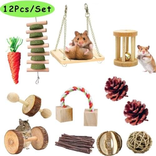 12Pcs/Set Hamster Toys Wooden Chew Toy Set Small Animal Activity Climb Toy DIY Hamster Cage Accessories