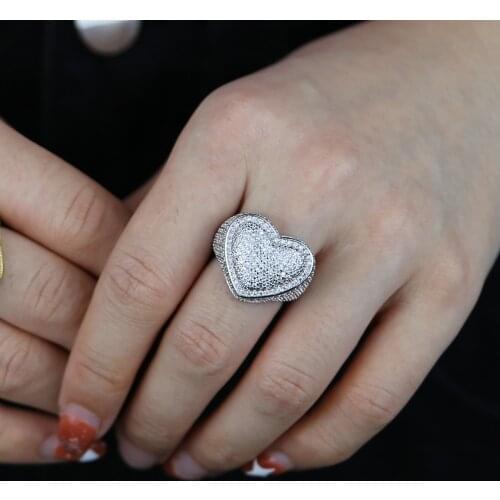 Iced out Hip Hop Full Crystal Cubic Zircon Micro Paved Heart finger rings Iced Out Bling 5A CZ big Ring For Men Women Jewelry