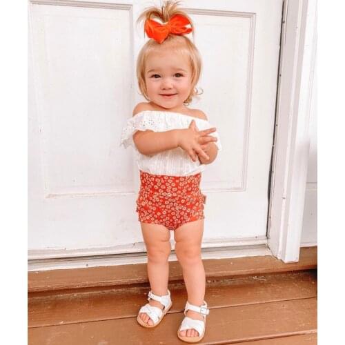 3Pcs Baby Summer Outfits Solid Color Off-Shoulder Romper + Daisy Print Shorts + Headband for Toddler Girls 0-24 Months