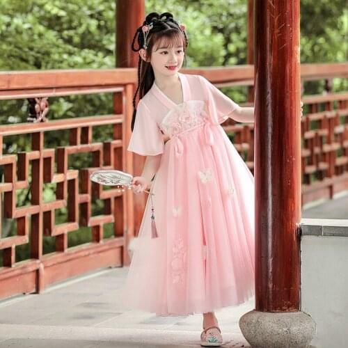 Flower Girls Dress Summer New Kids Chinese Hanfu Princess Dresses Lovely Children Party Birthday Costume Sweet Clothes Cosplay