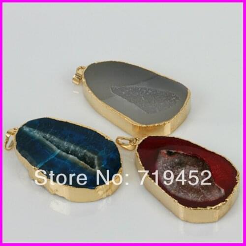 New arrival! 6pcs Gold color Druzy Crystal edged in Gold Drusy Druzy glass stone pendant High Quality Jewelry Necklace Pendant