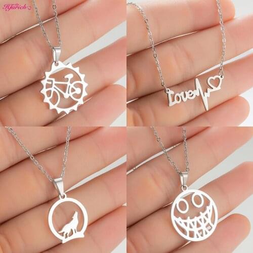 Hip Hop Wolf Necklaces Stainless Steel Round Charm Necklace for Women Men Halloween Love Letter Heartbeat Bicycle Choker Jewelry