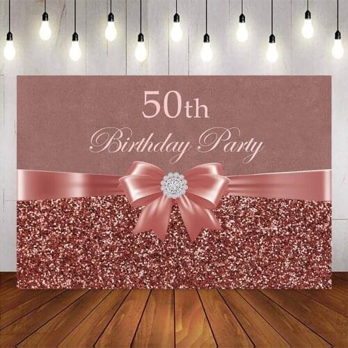Pink rose glitter backdrop for photography happy 50th birthday party decoration supplies fifty bow-knot photo background custom