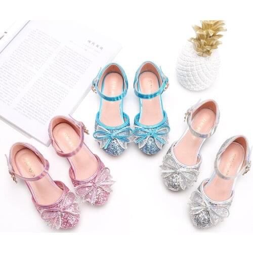 Girls Sandals Rhinestone Butterfly Children High Heel Princess Shoes Glitter Leather Party Sweet Sandal SJD043