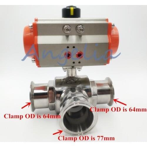 Sanitary Stainless 304 Three way L-port Tri-Clamp Pneumatic Ball Valve Central Clamp OD is 77cm
