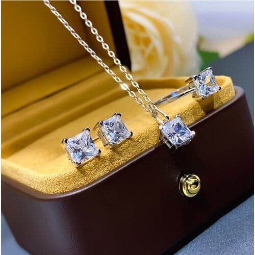 Jewelry Set For Women 925 Sterling Silver 7*7 Square Lab Diamond Ring Stud Earrings Necklace Pendants Wedding Anniversary Bijoux