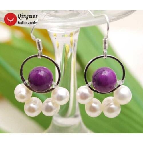 Qingmos Natural Pearl Earring for Women with Round 6-7mm White Pearl & 8mm Sugilite Dangle Stone Earring Jewelry 1.5'' Ear625