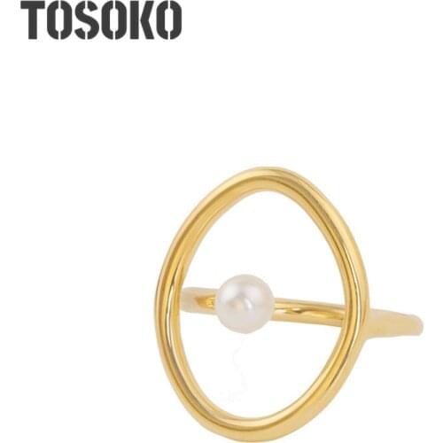 TOSOKO Stainless Steel Jewelry Oval Pearl Hollow Out Ring Sweet Ring For Women BSA057