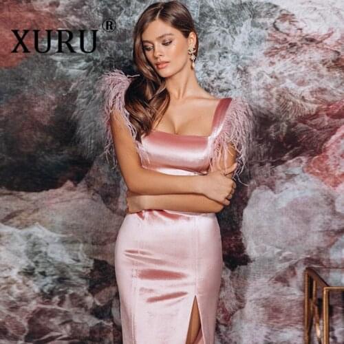 XURU 2020 Spring New Womens Split Fur Hair Shoulder Dress Noble Temperament Mid-length Dress Sexy Nightclub Party Black Dress