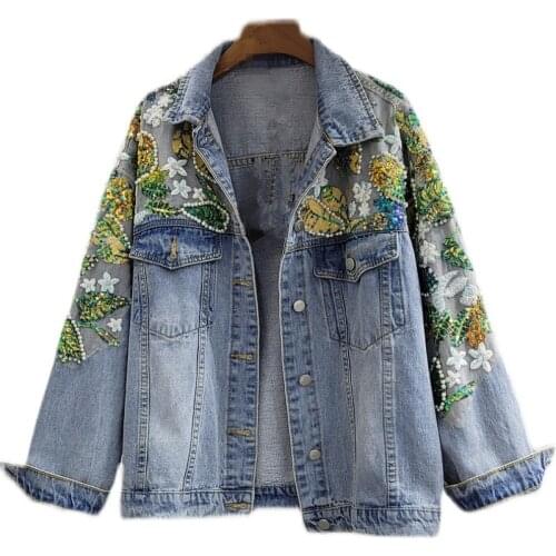 2021 Spring Diamond Beaded Color Sequins Loose Jeans Jacket Women Streetwear Casual Vintage Denim Coat Fashion Outerwear H1462