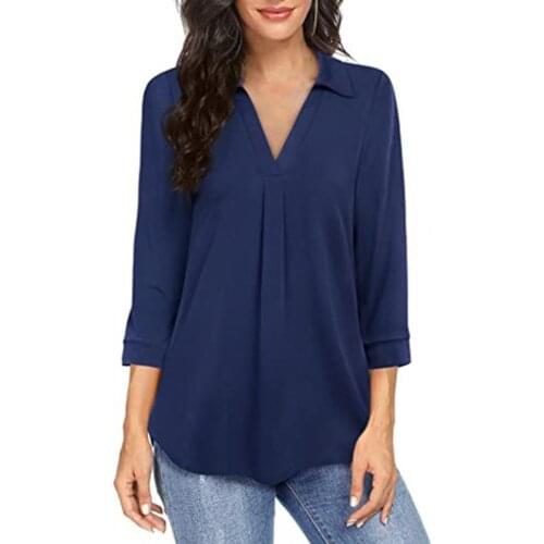 Lady Shirt Solid Color V Neck Autumn Loose 3/4 Sleeve Chiffon Shirt Streetwear leisure StreetShirt