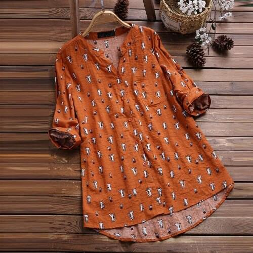Harajuku Women Tops and Blouses Vintage Cat Printed Blouse Female Irregular Hem Long Sleeve Linen Shirts Blusas Drop shipping c