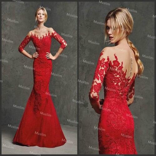 Elegant Mermaid Red Evening Dress 2021 Half Sleeve Lace Long Prom Dress Tight Tulle Muslim Dubai Formal Party Skirt robe femme