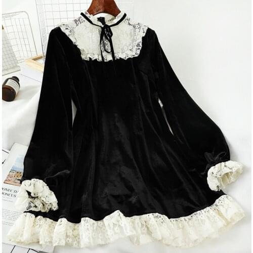 French Vintage Turtleneck Lace Trim Gold Velvet Black Womens Long Sleeve Dress high waist victorian dress kawaii girl gothic