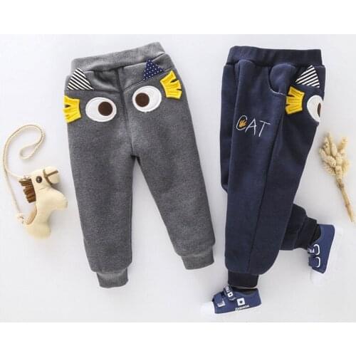 Cartoon Bear Cat Print Boys Girls Winter Warm Pants With Fleece Long Trousers Thickening Pants Kids Casual Clothes For Baby Boys