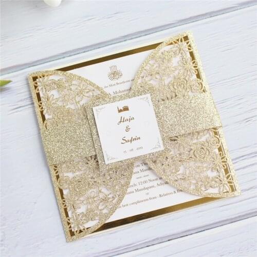 Gold luxury wedding invitations floral laser cutting with gold reflective insert card design personalized prinitng 50pcs