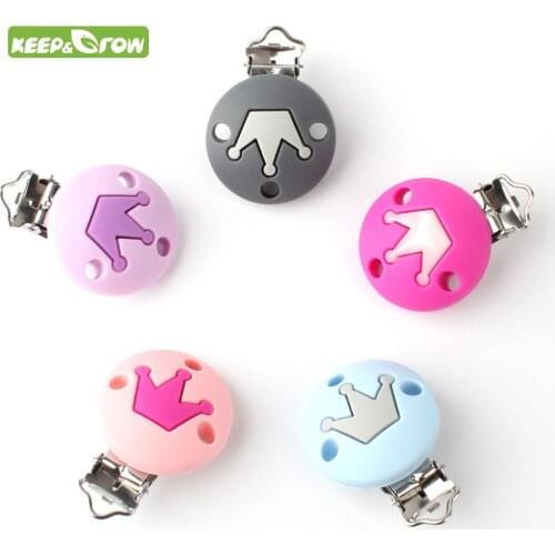 KEEP&GROW 10Pcs Pacifier Chain Clips Crown Pacifier Clip Food Grade Silicone Teething Beads Clip Round Baby Care Teether Clasp