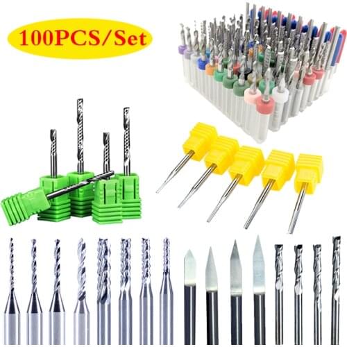 100PCS/set 1 Flute 2 flutes sprial straight Milling Cutter Router Bits V Shape Engraving Bits PCB Drill bit endmill cutter
