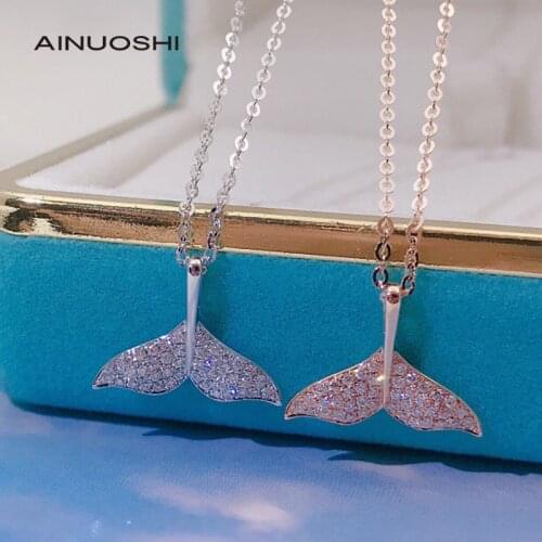AINUOSHI 18K Gold 0.11ct Real Full Diamond Whale Tail Pendant Necklace Trendy Jewelry of The Year Suitable for All Ladies 18