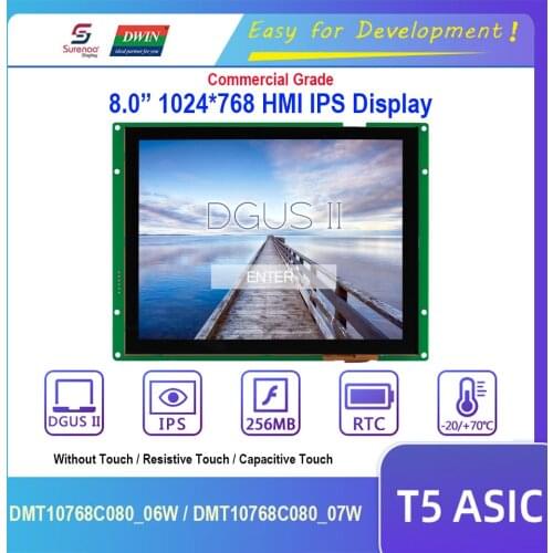 Dwin T5 HMI Display, DMT10768C080_06W DMT10768C080_07W 8.0" 1024X768 IPS LCD Module Screen w/ Resistive Capacitive Touch Panel