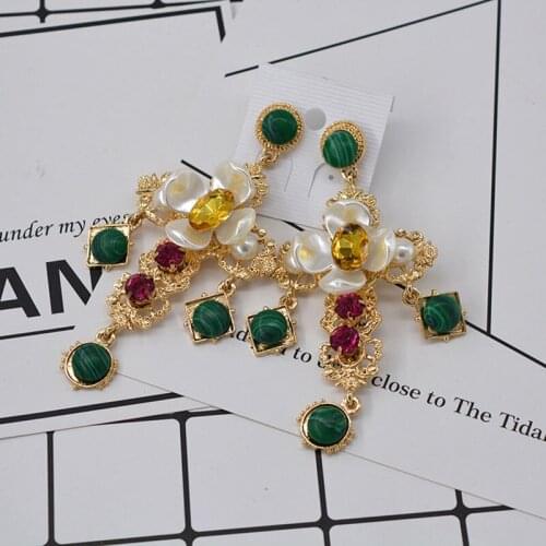 European And American New Baroque Exaggerated Green Gem Cross Earrings Flower Elegant Sweet Ear Jewelry Female