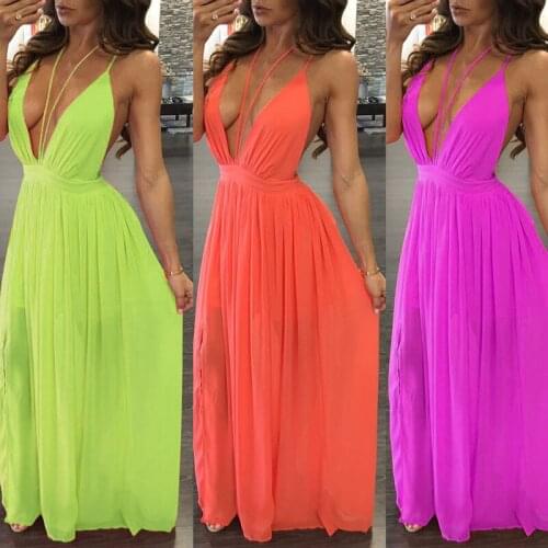 Fluorescence Yellow Green Red Lady Summer Sexy Strap Backless Chiffon Dress Womens Beach Seaside Deep V Clothing