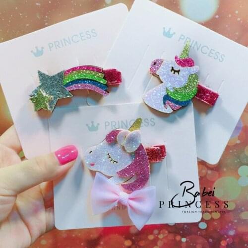 IBOWS Hair Accessories Unicorn DIY Clips for Girls Rainbow Glitter Baby Hairpins Shiny Star DIY Hair Bows Princess Hair Barrette