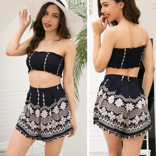 Summer Sexy Women Two Piece Floral Dress Beach Vacation Travel Ladies Cropped Top Skirt Shorts Outfits Set