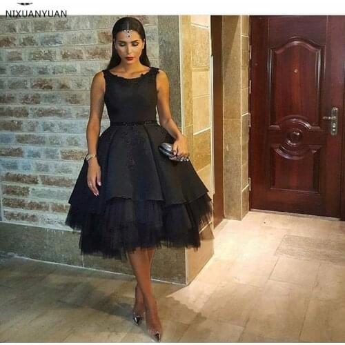 Fashion Black Prom Dresses Tea Length 2021 Sleeveless Party Dress Tulle Skirt Arabic Dubai Prom Dress