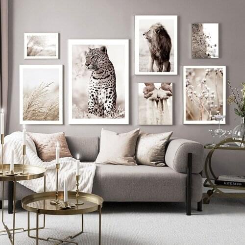 Hand Sand Poster Print Reed Nature Landscape Canvas Painting Leopard Lion Animal Wall Art Picture Nordic Style Boho Home Decor