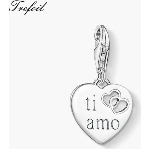 TI AMO Love Heart Charms Pendant,Jewelry 925 Sterling Silver Romantic Gift For Women Fit Bracelet Necklace Bag 2019 New
